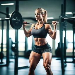 A muscular woman working out in the gym, lifting weights