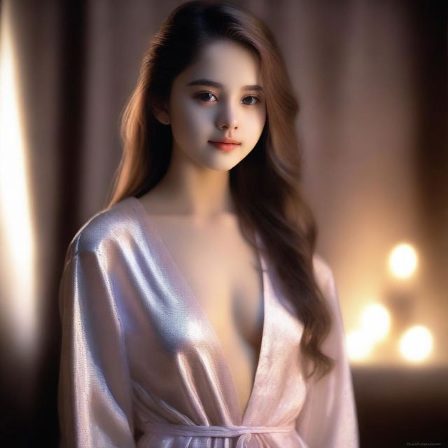 A teenage girl in a night robe, depicted in a sensual and alluring manner