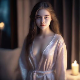 A teenage girl in a night robe, depicted in a sensual and alluring manner