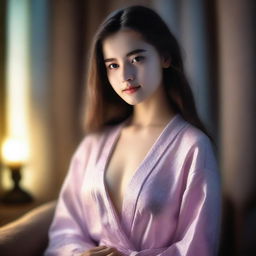 A teenage girl in a night robe, depicted in a sensual and alluring manner