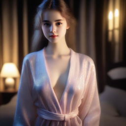 A teenage girl in a night robe, depicted in a sensual and alluring manner