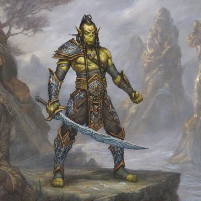 A Githyanki psy warrior clad in heavy, intricately designed armor, gripping an ornate polearm with a mystical aura