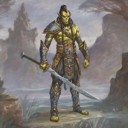 A Githyanki psy warrior clad in heavy, intricately designed armor, gripping an ornate polearm with a mystical aura