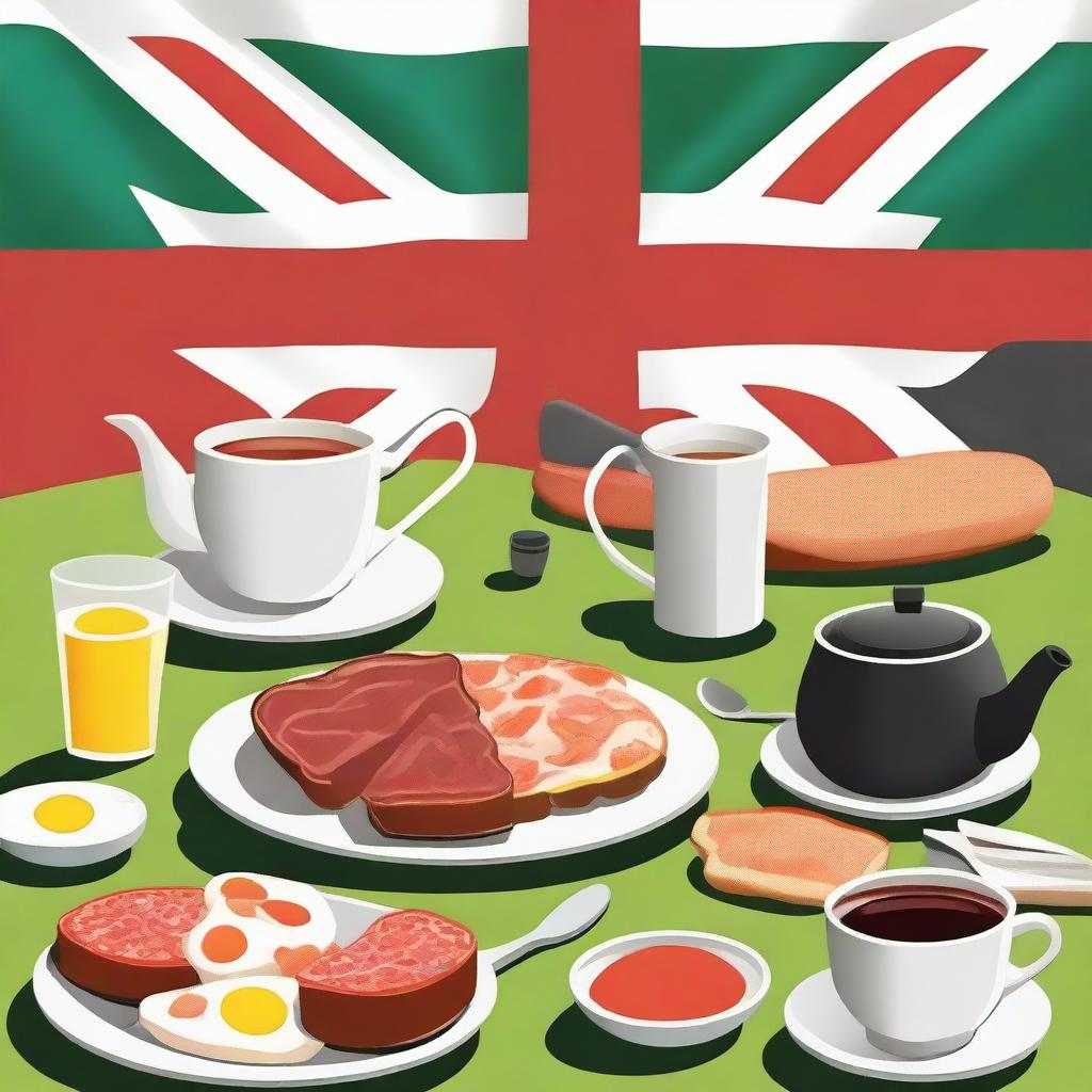 A scene featuring green grass in the background and a full English breakfast in the center