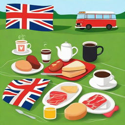 A scene featuring green grass in the background and a full English breakfast in the center