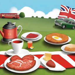 A scene featuring green grass in the background and a full English breakfast in the center