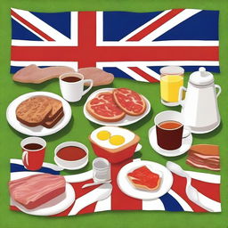 A scene featuring green grass in the background and a full English breakfast in the center