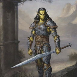 A yellow-skinned Githyanki warrior with black hair stands resolute in full plate mail armor