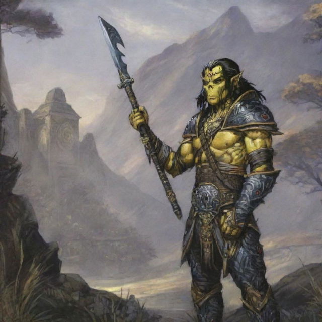 A yellow-skinned Githyanki warrior with black hair stands resolute in full plate mail armor