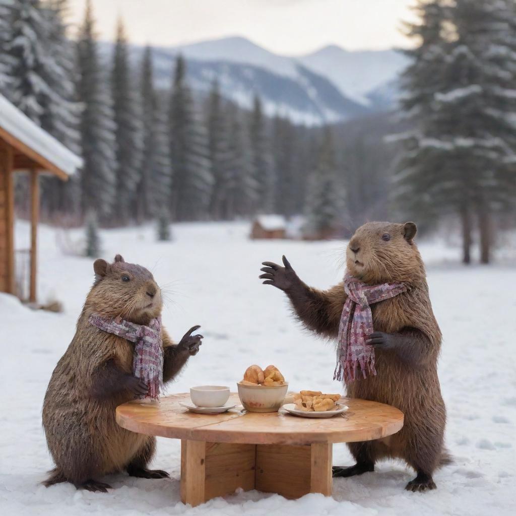 A friendly beaver wearing a scarf, gesturing invitingly towards a cute bunny. They're surrounded by a snowy winter landscape, with a warm table set up, the aroma of poutine wafting in the chill air.