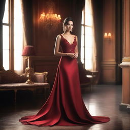 A beautiful woman wearing a red dress, posing elegantly