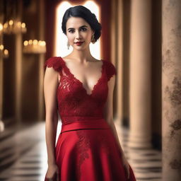 A beautiful woman wearing a red dress, posing elegantly