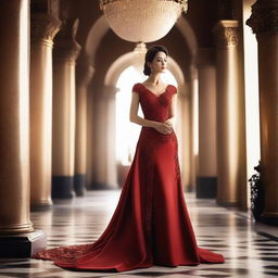 A beautiful woman wearing a red dress, posing elegantly