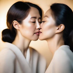 Two Asian women sharing a tender kiss, their expressions filled with affection and warmth