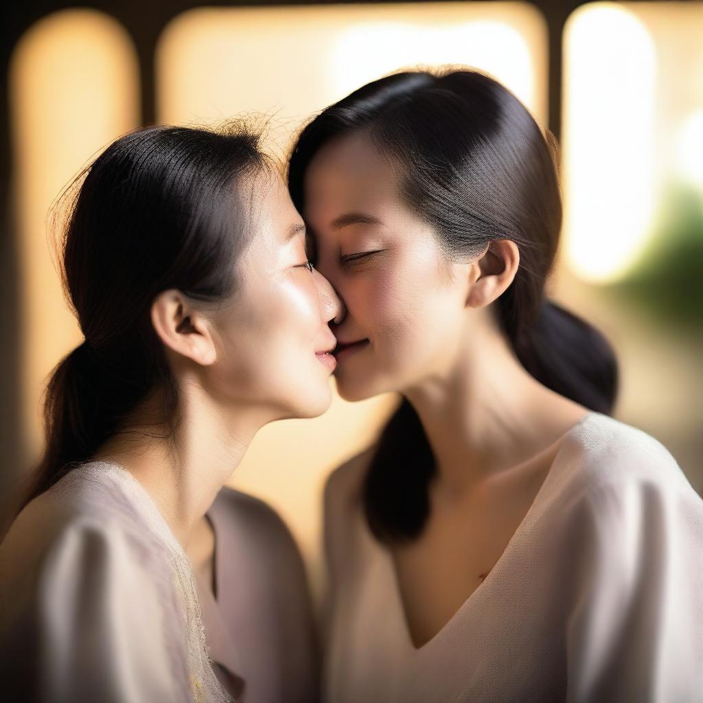 Two Asian women sharing a tender kiss, their expressions filled with affection and warmth