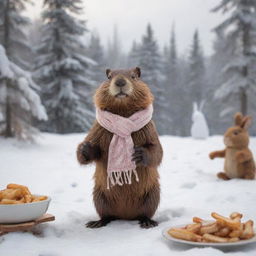 A friendly beaver wearing a scarf, gesturing invitingly towards a cute bunny. They're surrounded by a snowy winter landscape, with a warm table set up, the aroma of poutine wafting in the chill air.