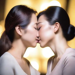 Two Asian women sharing a tender kiss, their expressions filled with affection and warmth