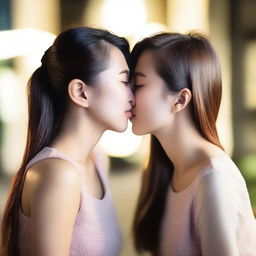 Two young Asian women sharing a tender kiss, their expressions filled with affection and warmth