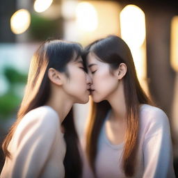 Two young Asian women sharing a tender kiss, their expressions filled with affection and warmth