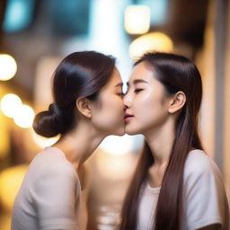 Two young Asian women sharing a tender kiss, their expressions filled with affection and warmth