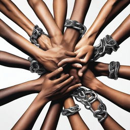 Several pairs of hands intertwined among chains, representing a group of friends