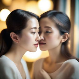 Two young Asian women sharing a tender kiss, their expressions filled with affection and warmth