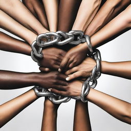 Several pairs of hands intertwined among chains, representing a group of friends