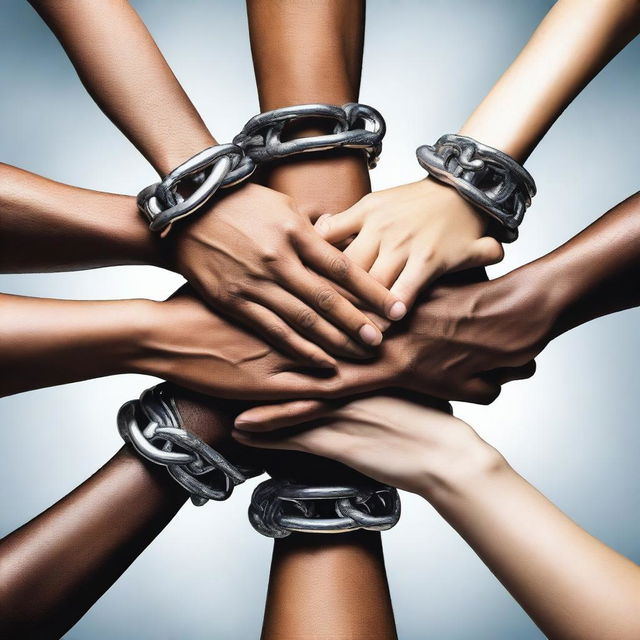 Several pairs of hands intertwined among chains, representing a group of friends