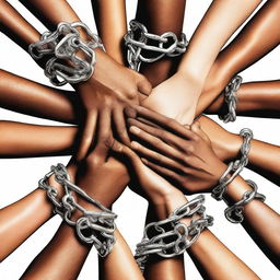 Several pairs of hands intertwined among chains, representing a group of friends