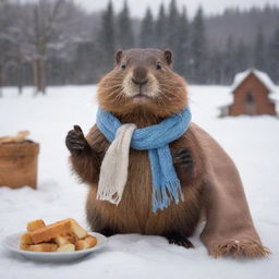 A friendly beaver wearing a scarf, gesturing invitingly towards a cute bunny. They're surrounded by a snowy winter landscape, with a warm table set up, the aroma of poutine wafting in the chill air.