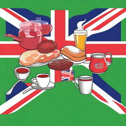 On a green background, a full English breakfast is placed in the center