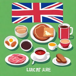 On a green background, a full English breakfast is placed in the center