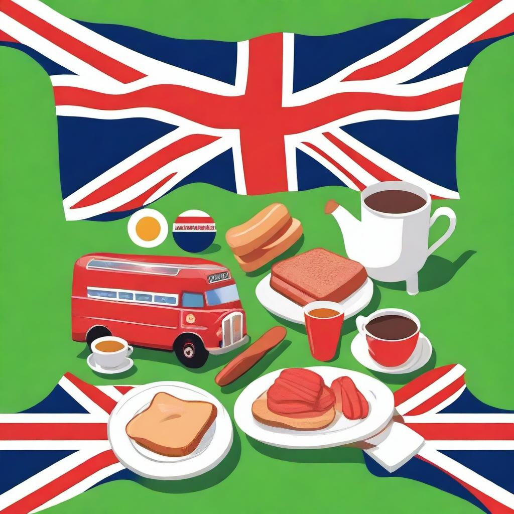 On a green background, a full English breakfast is placed in the center