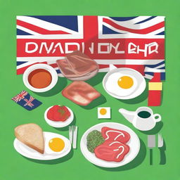 On a green background, a full English breakfast is placed in the center