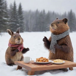 A friendly beaver wearing a scarf, gesturing invitingly towards a cute bunny. They're surrounded by a snowy winter landscape, with a warm table set up, the aroma of poutine wafting in the chill air.