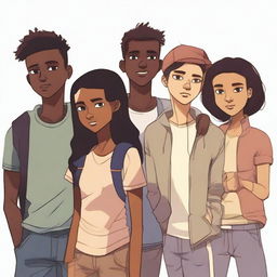 A group of teenagers (mixed in terms of gender and ethnicity) in the foreground, dressed in casual and modern clothing