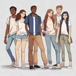 A group of teenagers (mixed in terms of gender and ethnicity) in the foreground, dressed in casual and modern clothing