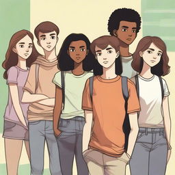 A group of teenagers (mixed in terms of gender and ethnicity) in the foreground, dressed in casual and modern clothing