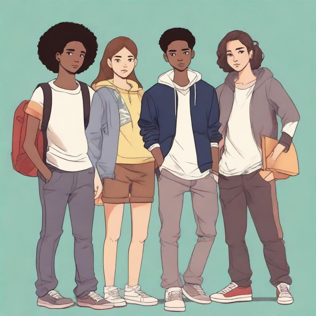 A group of teenagers (mixed in terms of gender and ethnicity) in the foreground, dressed in casual and modern clothing