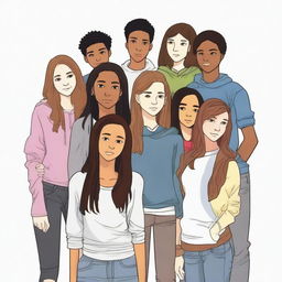 A group of 10 teenagers (mixed in terms of gender and ethnicity) in the foreground, dressed in casual and modern clothing