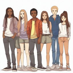 A group of 10 teenagers (mixed in terms of gender and ethnicity) in the foreground, dressed in casual and modern clothing