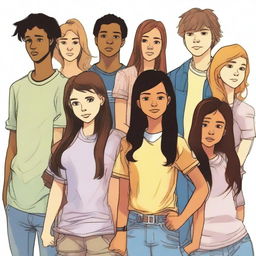 A group of 10 teenagers (mixed in terms of gender and ethnicity) in the foreground, dressed in casual and modern clothing