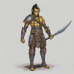 A yellow-skinned Githyanki warrior with black hair stands resolute in full plate mail armor