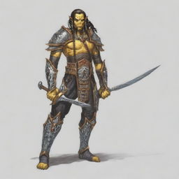 A yellow-skinned Githyanki warrior with black hair stands resolute in full plate mail armor