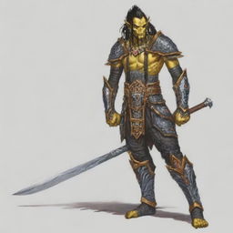 A yellow-skinned Githyanki warrior with black hair stands resolute in full plate mail armor