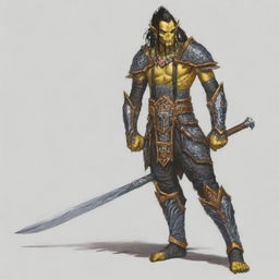 A yellow-skinned Githyanki warrior with black hair stands resolute in full plate mail armor