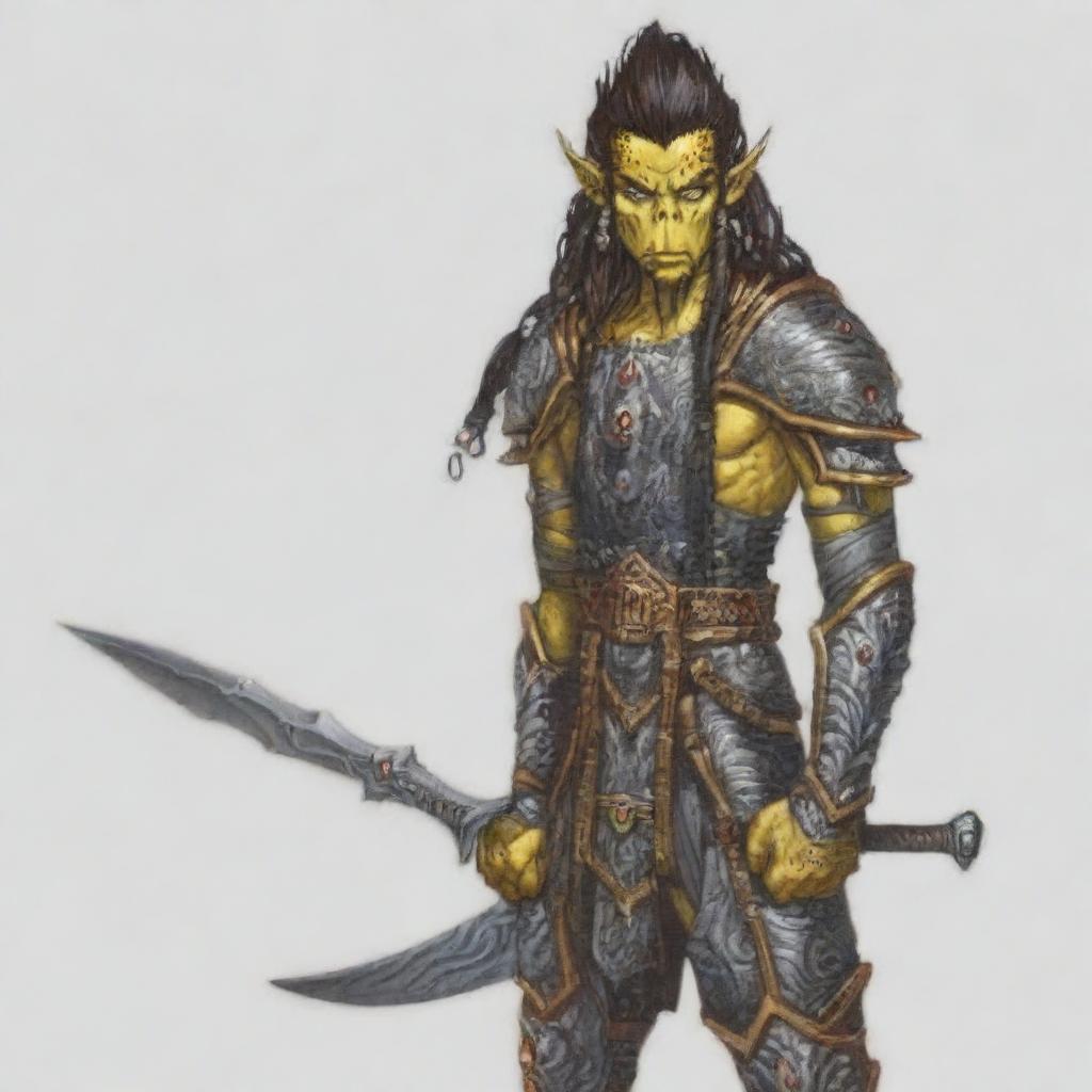 A yellow-skinned Githyanki warrior with black hair stands resolute in full plate mail armor