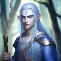 A young, orphaned moon elf male with a cursed mark on his sky blue skin