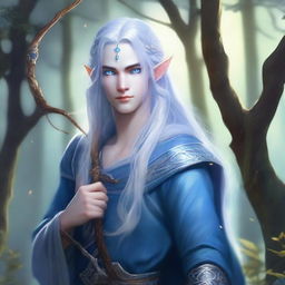 A young, orphaned moon elf male with a cursed mark on his sky blue skin