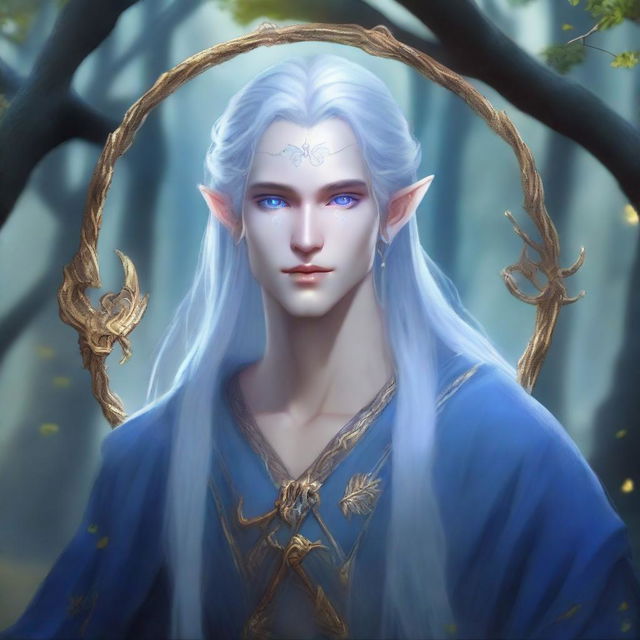 A young, orphaned moon elf male with a cursed mark on his sky blue skin